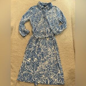Blue Floral Shirt Dress Belted Midi Cottagecore Coastal Chic